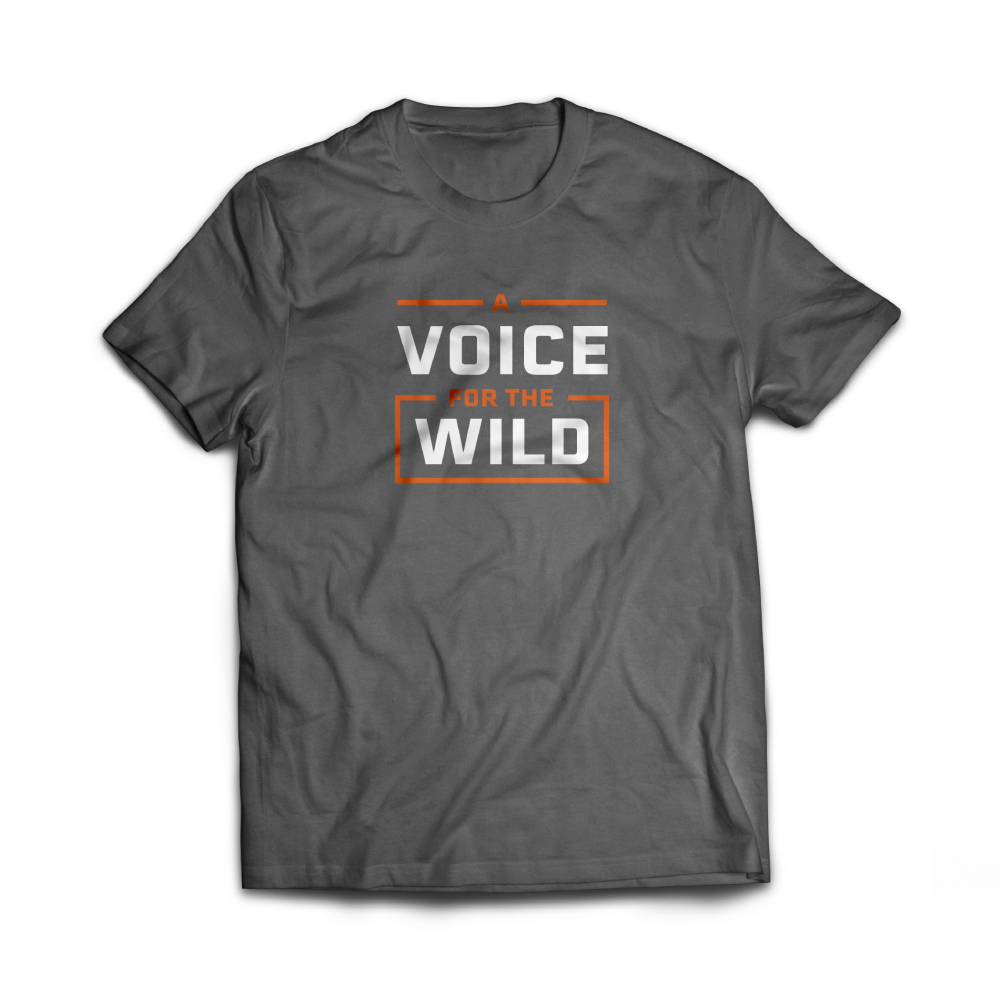 Gray tee shirt with white and orange text reading Voice of the Wild