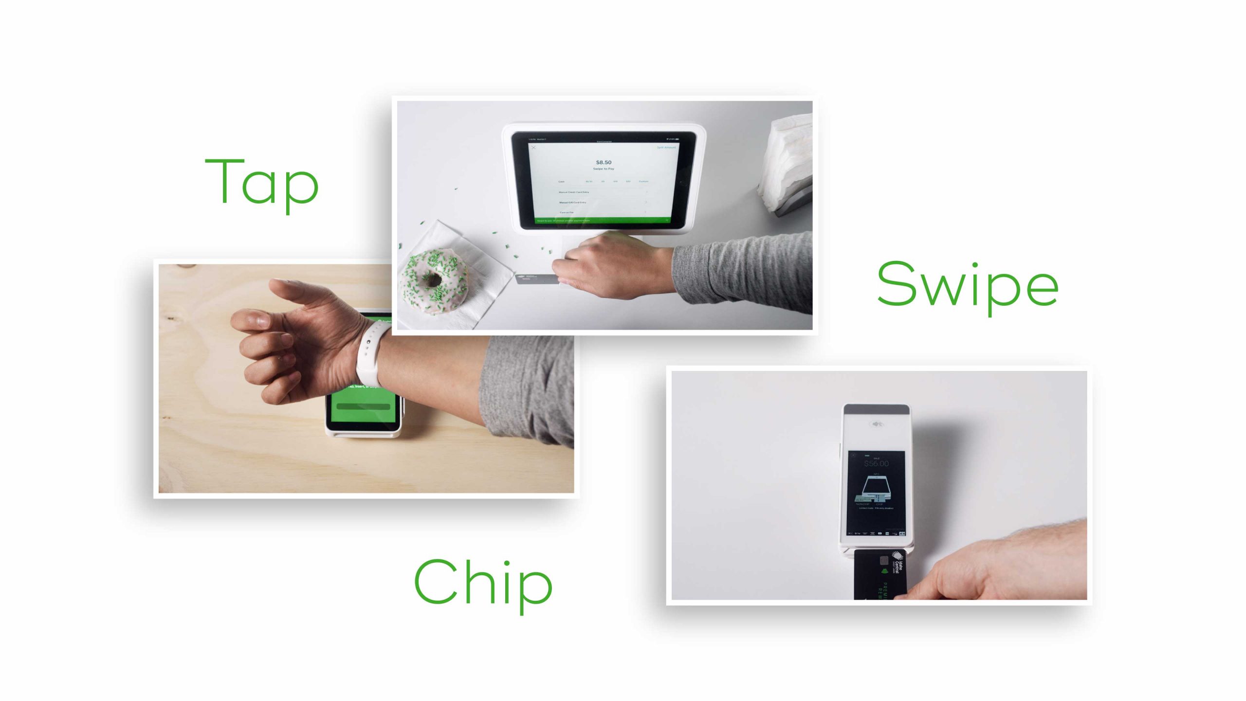 Three thumbnails of a different payment methods using a watch, swiping a card, using a card chip with the text Tap Swipe Chip