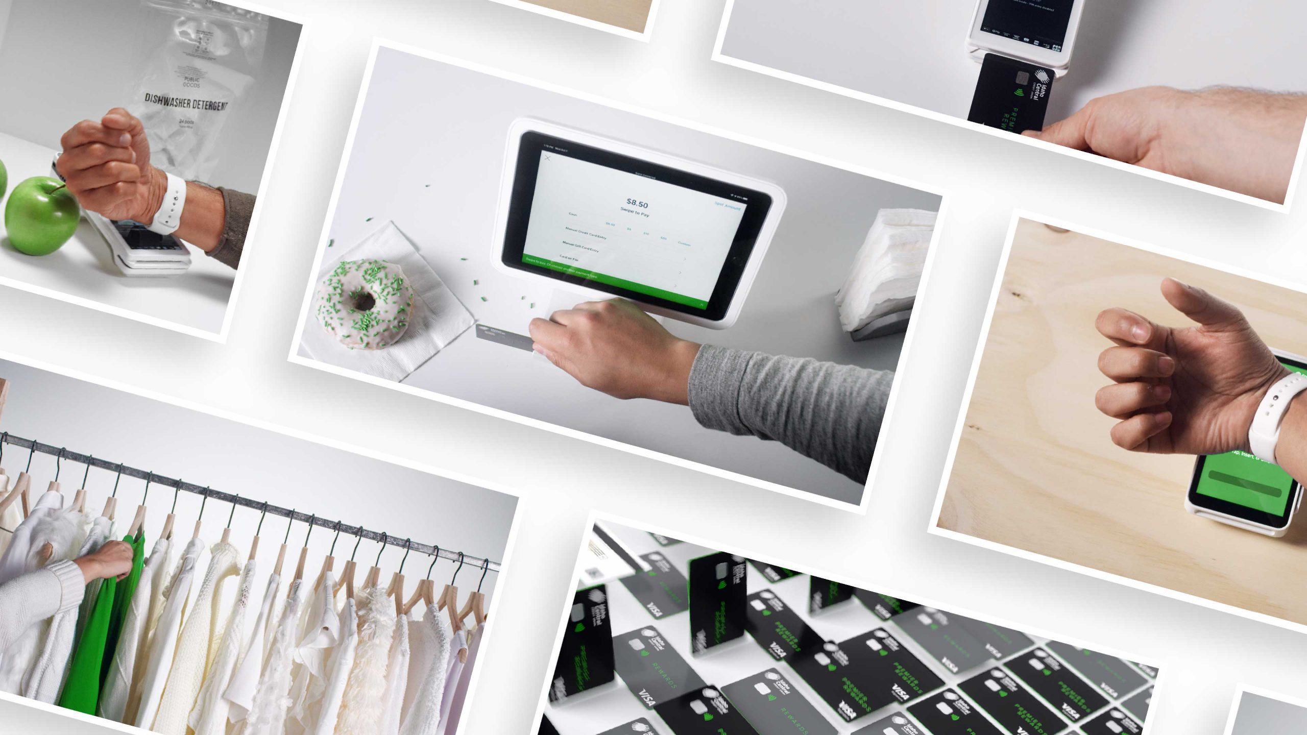 Multiple thumbnails from the Tap Swipe Chip commercial showing various products and payment methods
